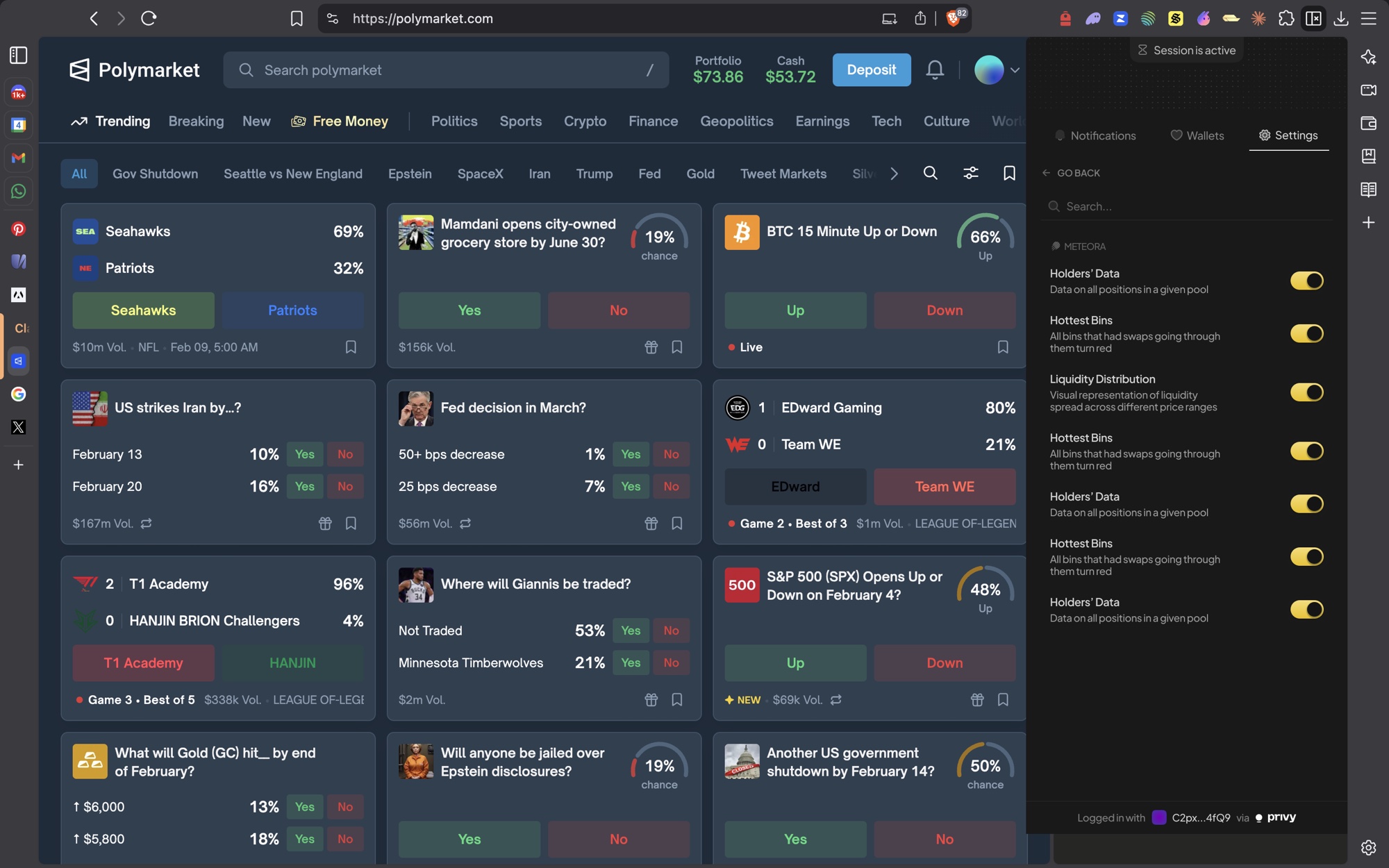 Extension sidebar — Polymarket settings