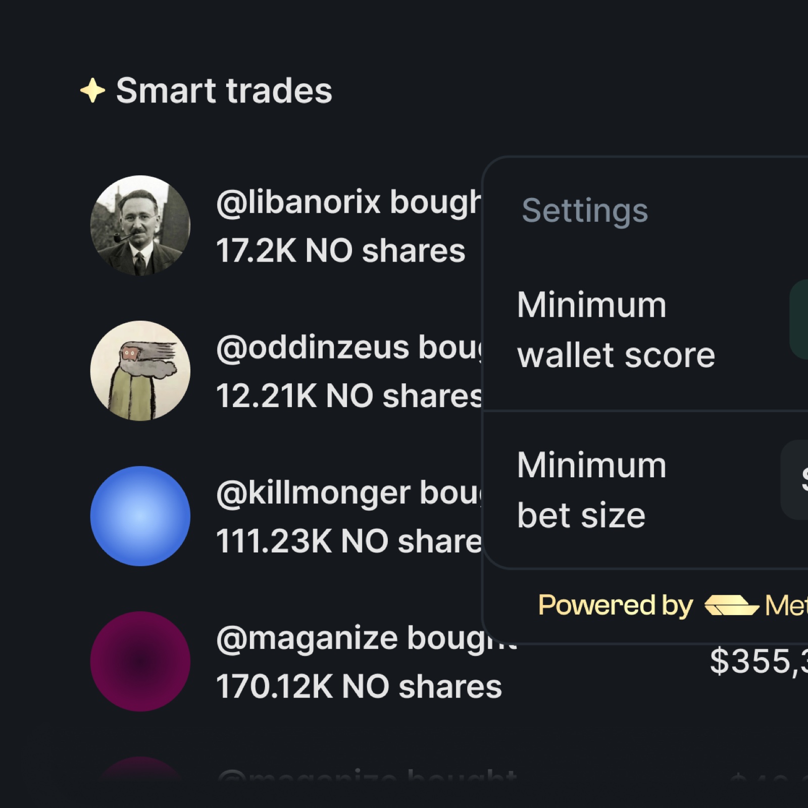 Smart trades settings dropdown